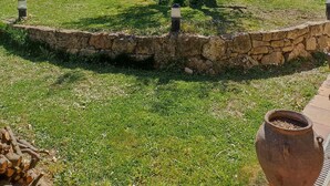 Un jardin avec un mur de pierre, un arbre et un bâtiment en arrière-plan.
