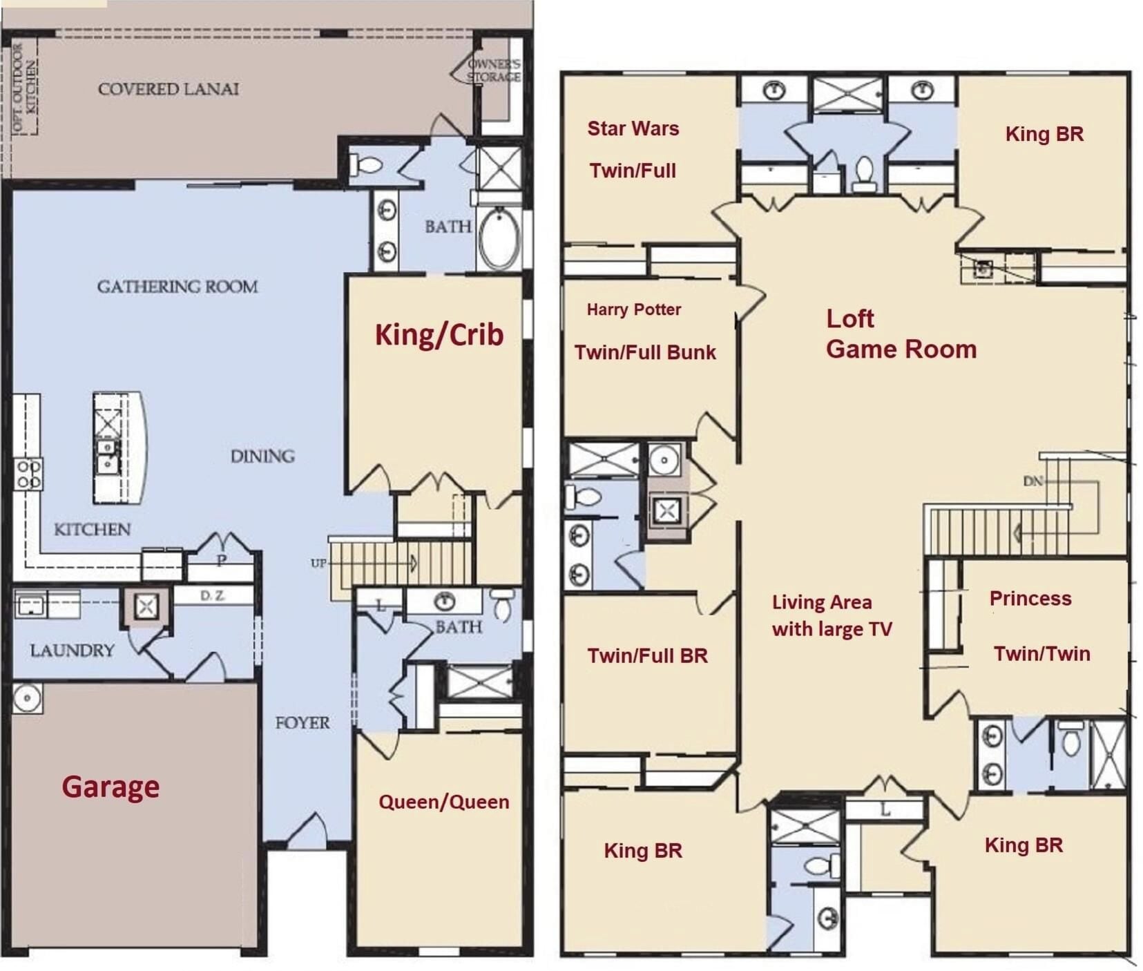 Ein Grundriss mit einer überdachten Veranda, Essbereich, Küche, Waschküche und Garage.