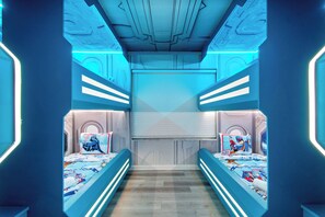 A futuristic room with bunk beds, each with a unique design and a central window. - Mario, Mickey & Jedi Arcade Villa w/ Themed Rooms (Kissimmee)
