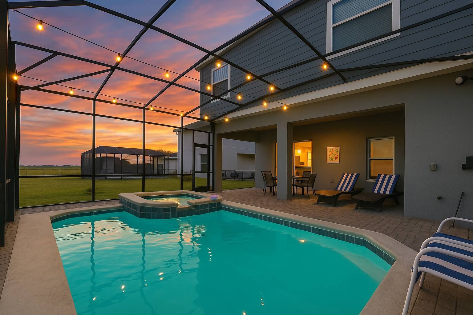 A swimming pool with a hot tub, outdoor seating, and a view of a building in the background.
