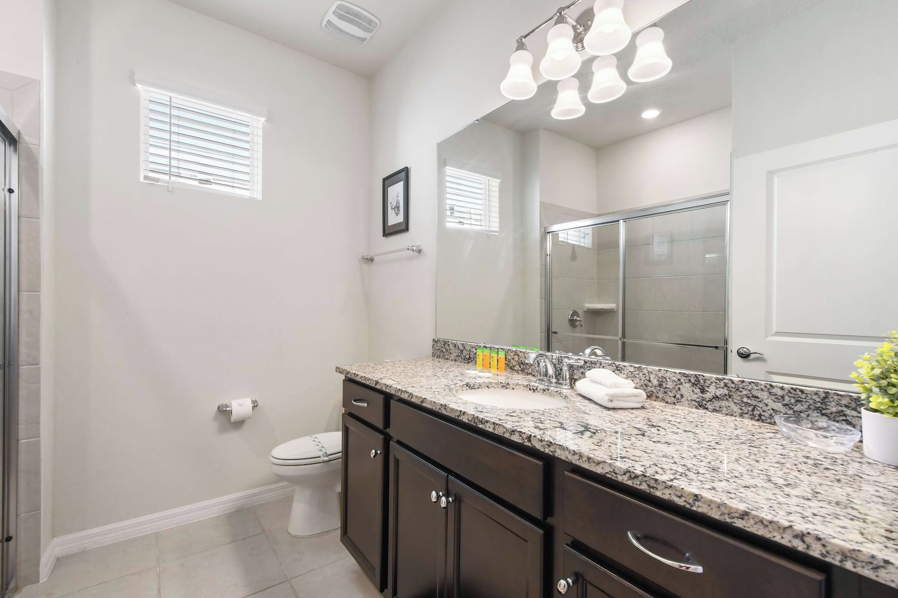 A modern bathroom with a granite countertop, a large mirror, a toilet, and a shower area.