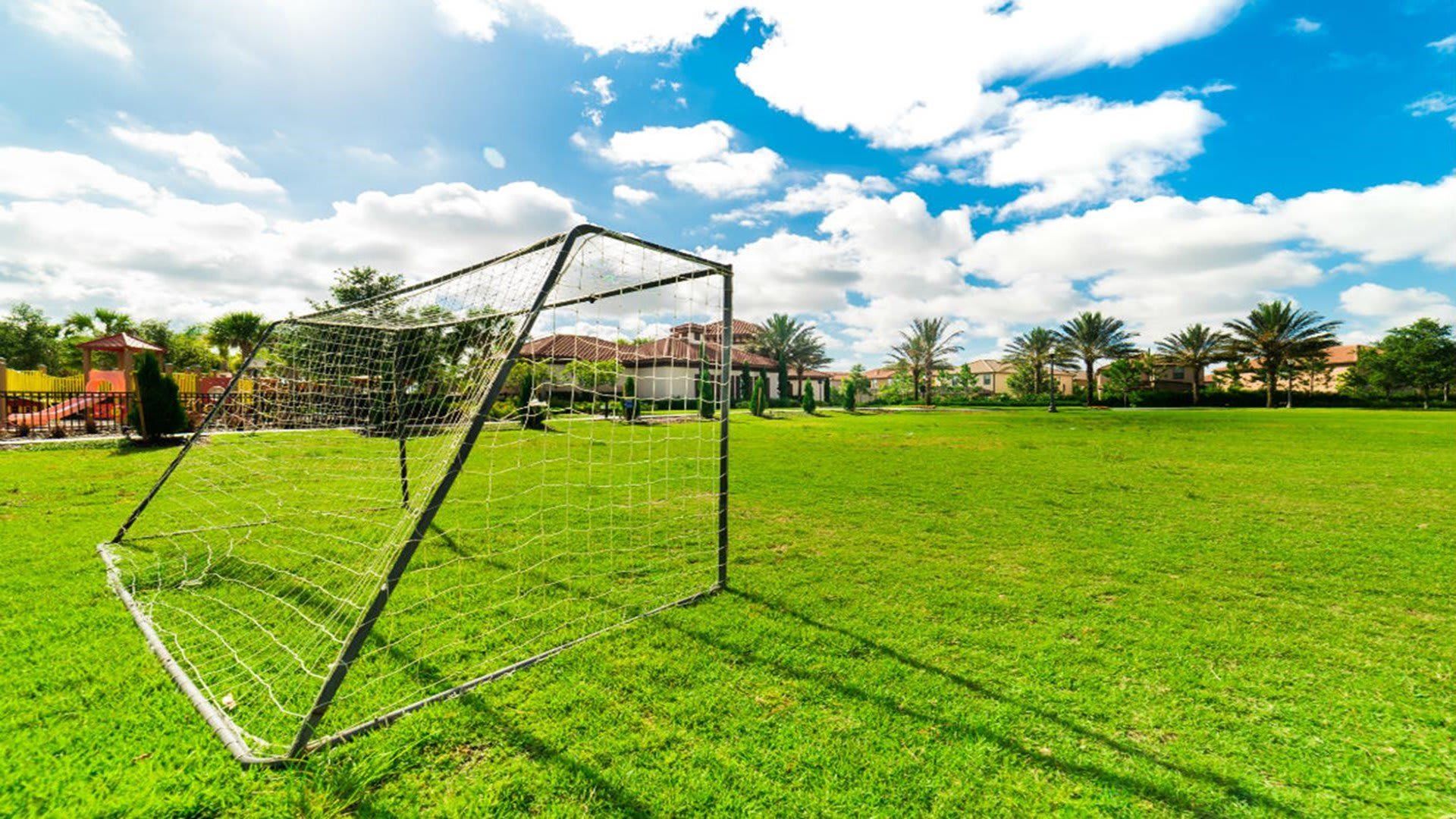 Una porta da calcio su un campo erboso ben curato, con cielo sereno e edifici residenziali sullo sfondo.