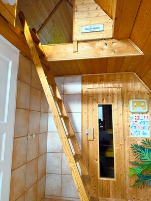 Ein Holzinnenraum mit einer Holztreppe, einer Tür mit Namensschild und einem an der Wand befestigten Gerät mit Anweisungen.