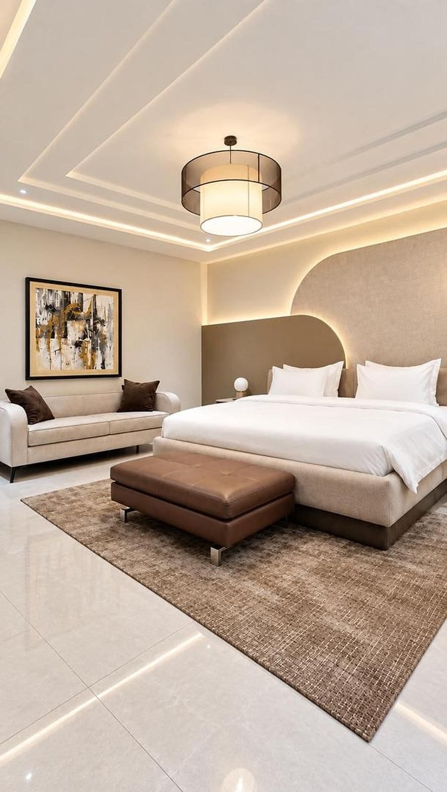 Une chambre à coucher moderne avec un grand lit, un canapé et un tapis.