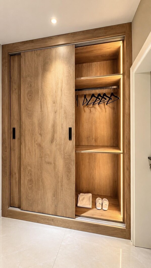A wooden wardrobe with a sliding door, a hanging rack, and a shoe shelf.