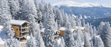 Un chalet de montagne doté de plusieurs cabanes en bois, entouré d’arbres couverts de neige et avec une chaîne de montagnes en toile de fond.