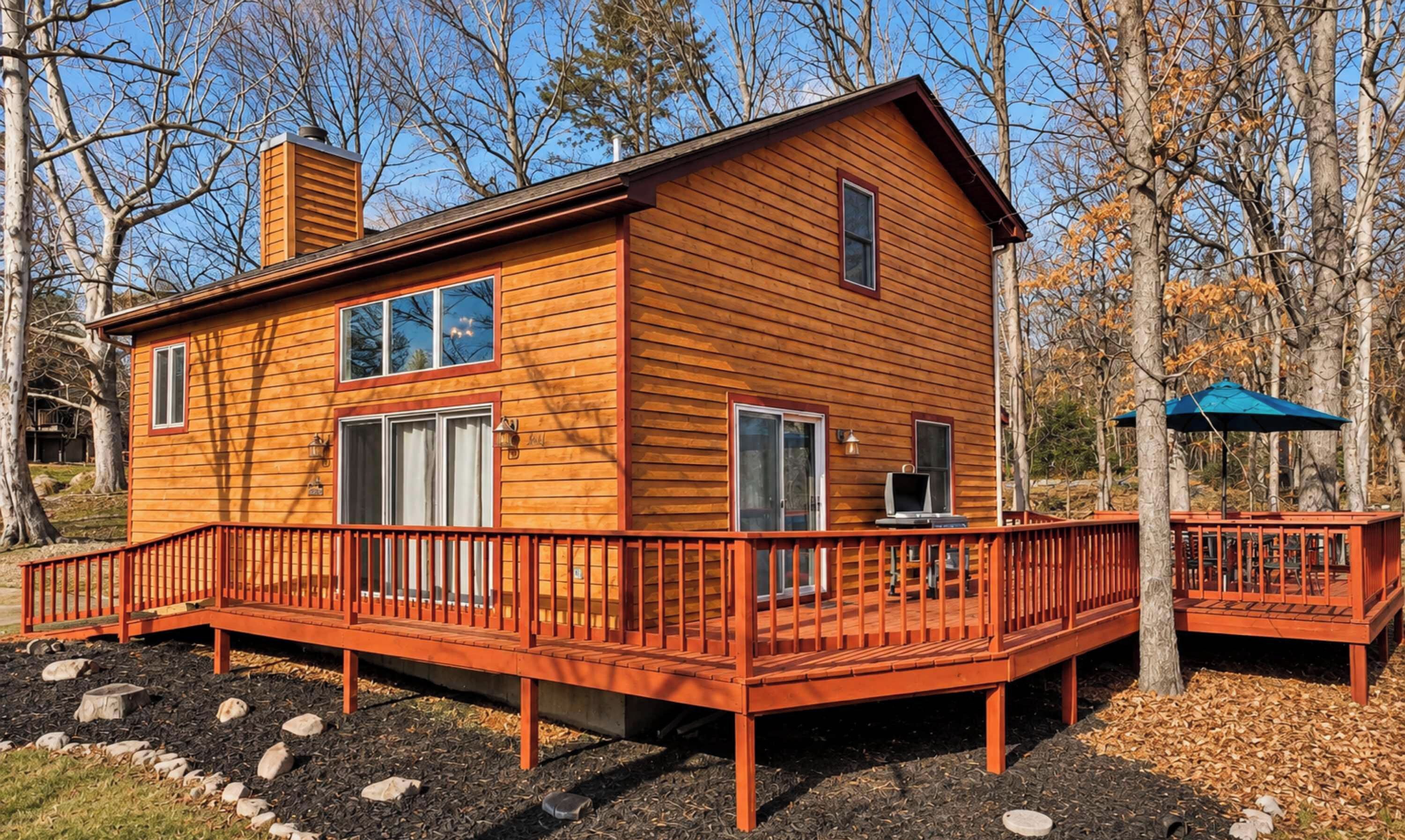 A wooden cabin with a deck, a chimney, and a blue umbrella.
