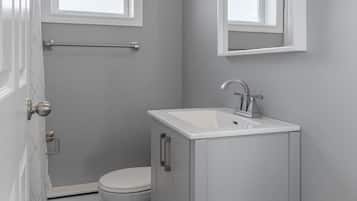 A bathroom with a toilet, a sink, a mirror, and a window.