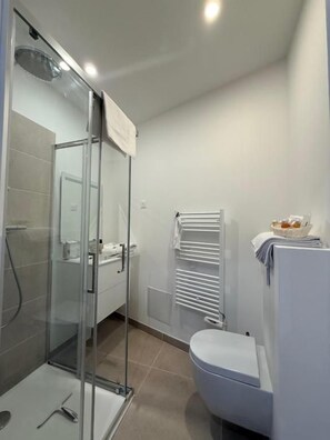 A modern bathroom with a glass shower enclosure, a white toilet, and a towel rack.