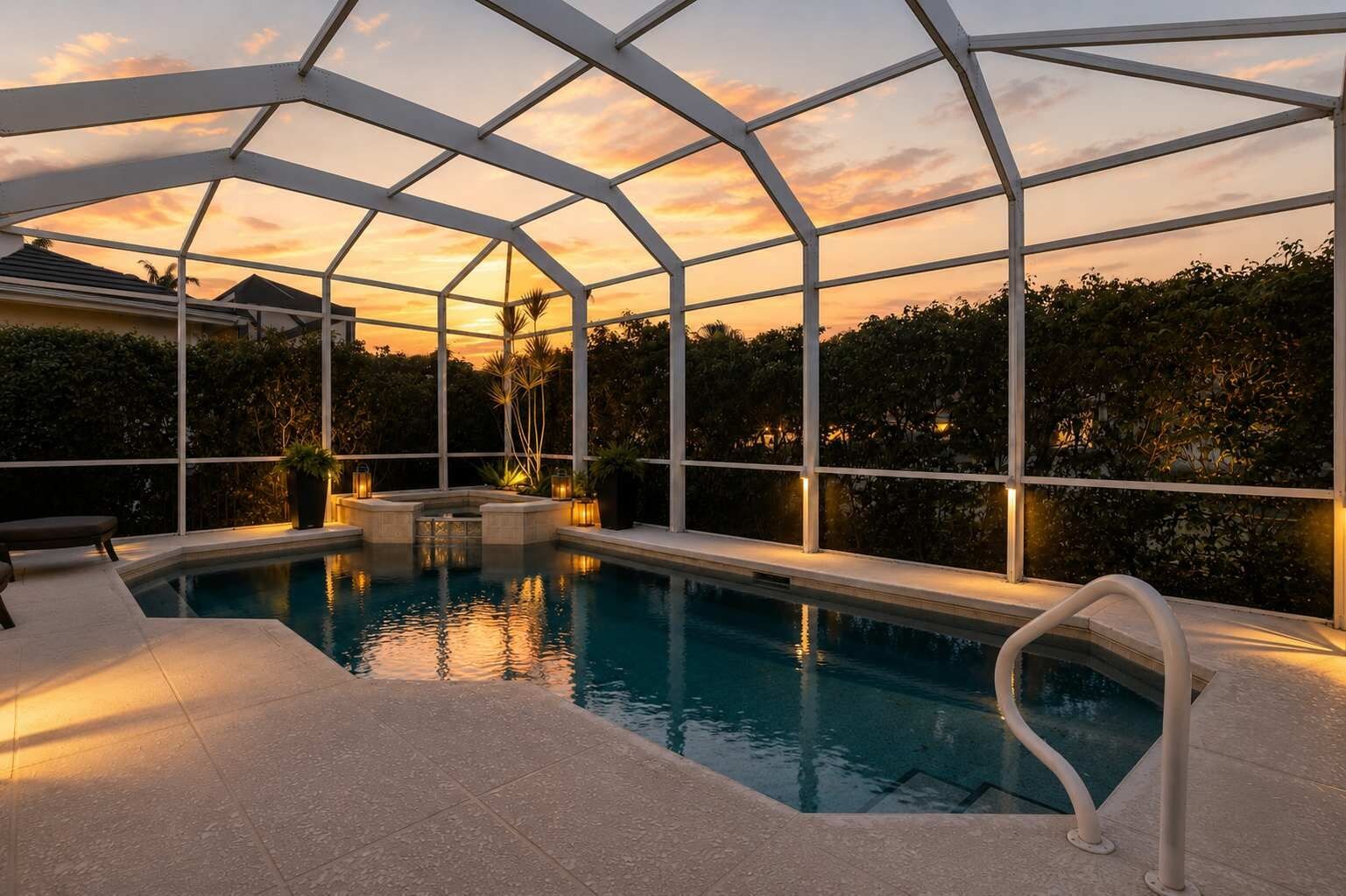 An indoor swimming pool with a glass ceiling, surrounded by greenery and a sunset view.