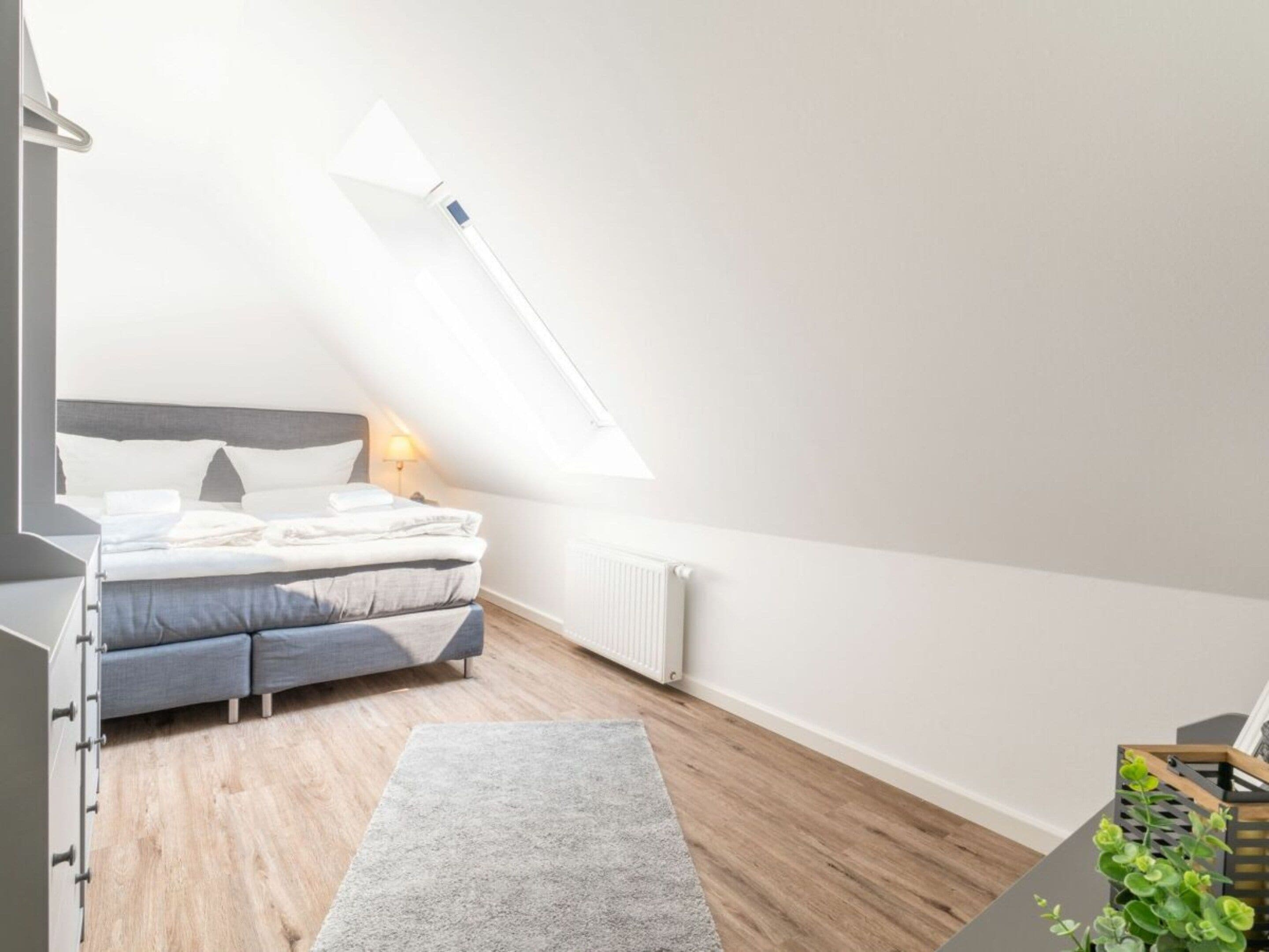 A modern bedroom with a bed, bedside table, lamp, and a radiator.