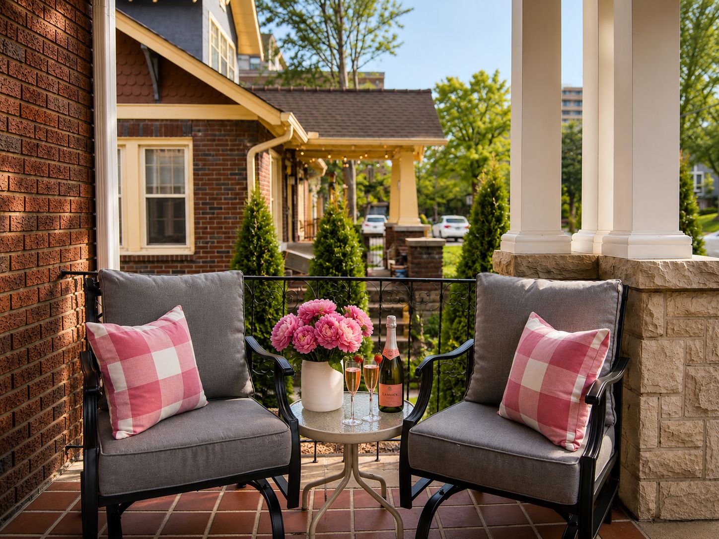 A patio with two chairs, a table, and a vase of flowers.