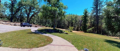 A residential driveway with a paved path, a parked car, and a lawn with a small garden area.