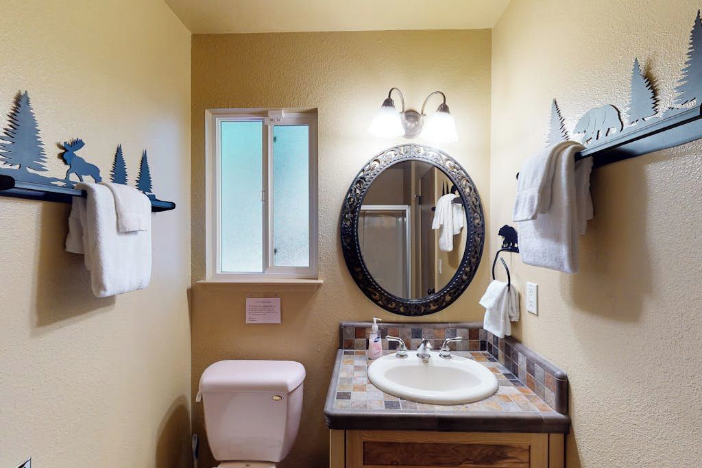 Une salle de bain avec des toilettes, un lavabo et un miroir.