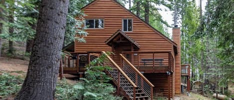 A wooden cabin with a staircase leading to the entrance, surrounded by trees.