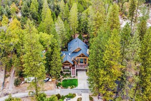 A lodge with a steeply pitched roof, surrounded by dense forest. - Willow Cove Log Cabin (Bass Lake)