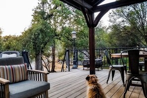 Eine Holzterrasse mit Gartenmöbeln, darunter eine Couch und Stühle, und ein Hund.