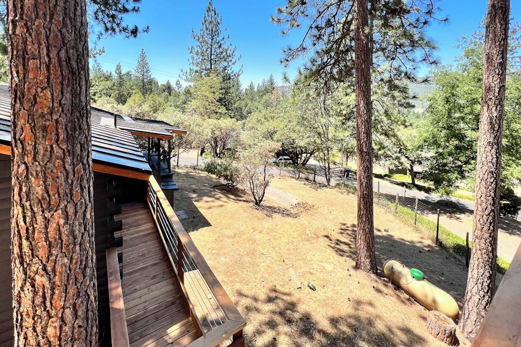 A wooden deck leading to a building with a sloped roof, surrounded by trees and a fenced area with a ground covered in dry grass.