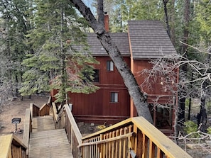 A wooden staircase leading to a cabin with a sloped roof, surrounded by trees. - Forest Glen - Secluded Cabin Inside Yosemite (Yosemite West)