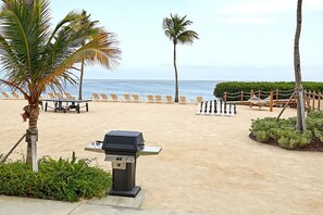 Une terrasse au bord de la plage, équipée d’un barbecue, de chaises longues et offrant une vue sur l’océan.