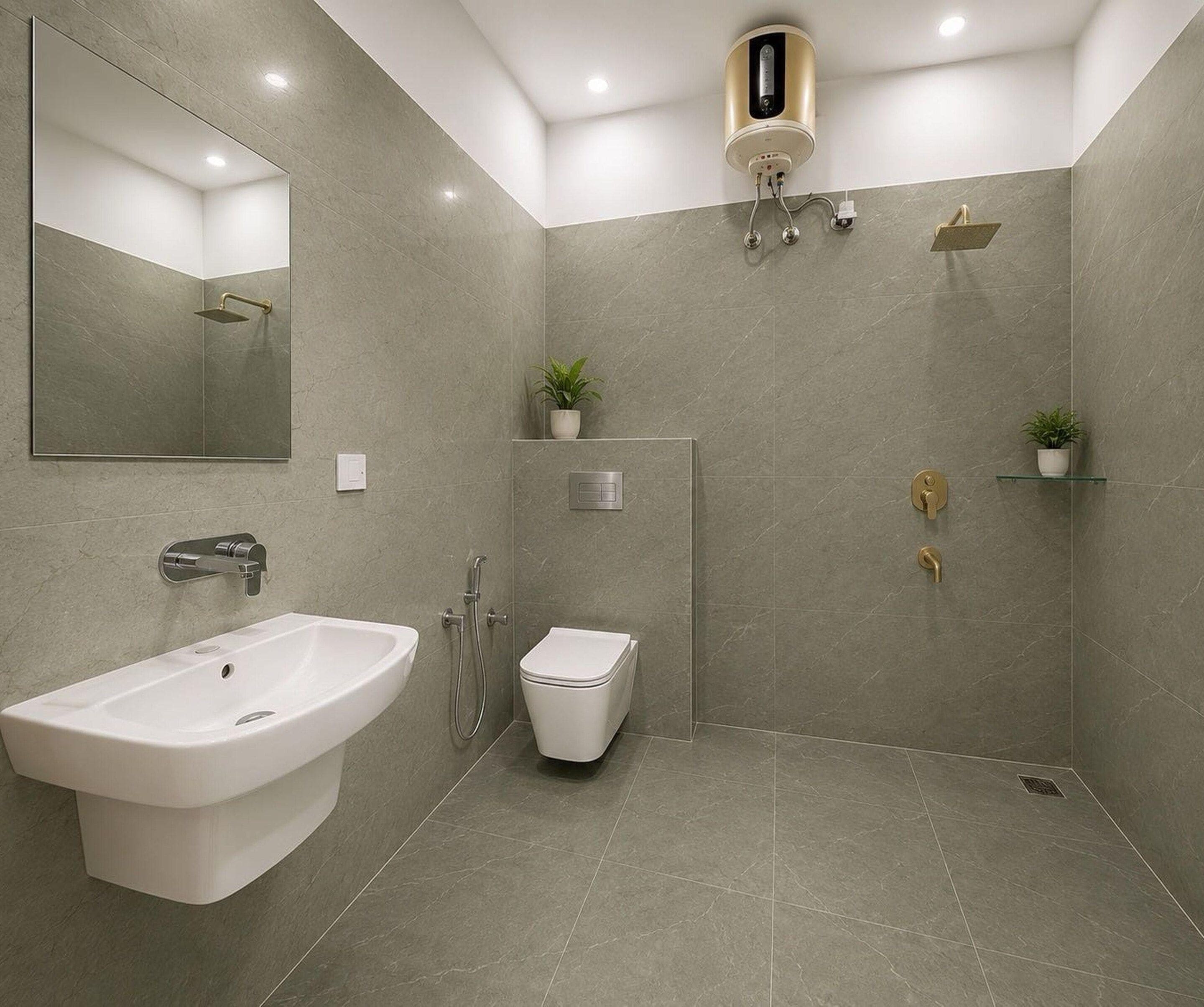 A modern bathroom with a sink, toilet, and shower.