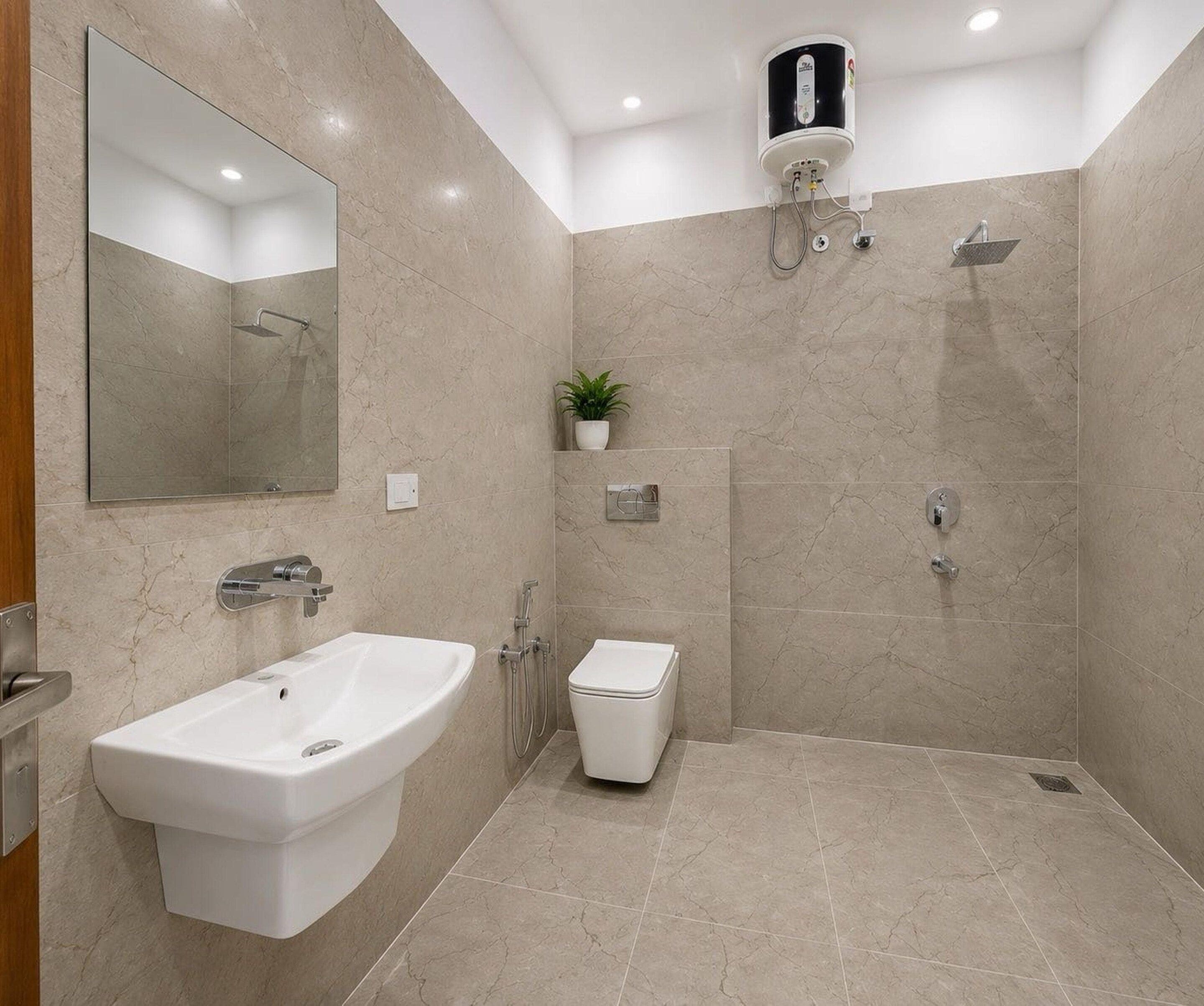 Une salle de bain moderne avec un grand miroir, un lavabo, des toilettes et un espace douche.