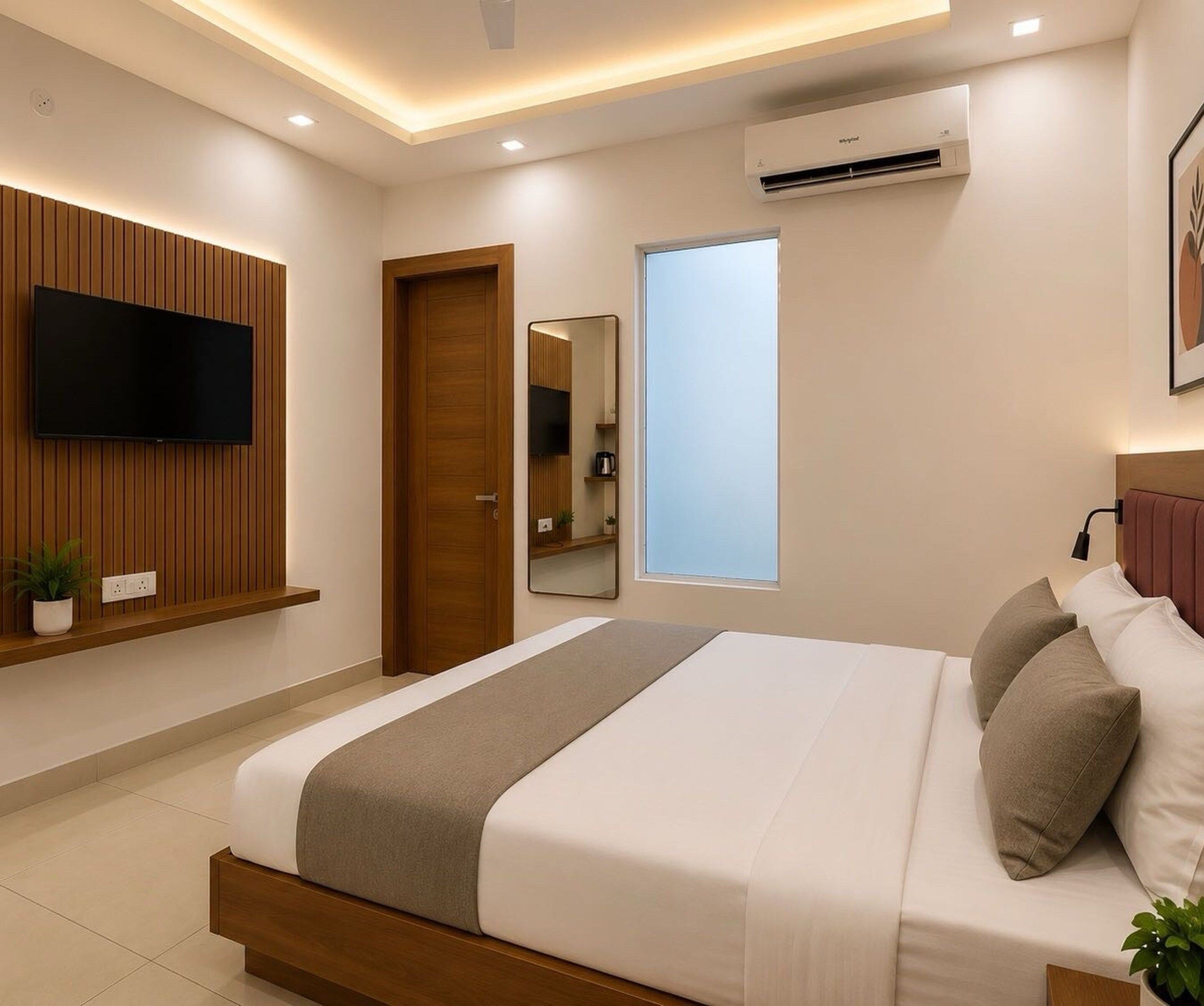 Una camera da letto moderna con un letto, una TV a parete, uno specchio e un condizionatore d'aria.