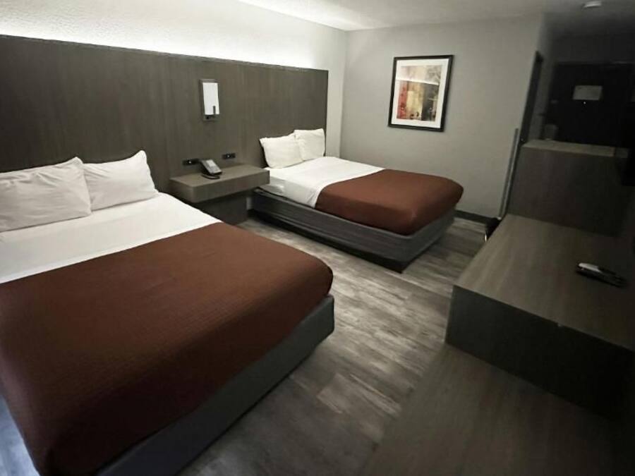 A hotel room with two beds, a desk, a phone, and a framed picture on the wall.