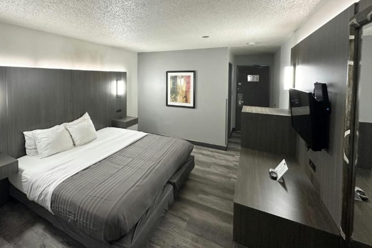 Habitació d'hotel moderna amb un llit gran, taules de nit, escriptori, televisió i un quadre al mur.