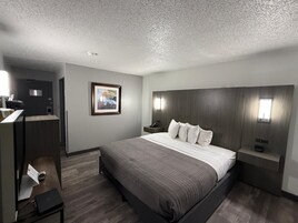Una habitación de hotel con cama, mesitas de noche, escritorio y un cuadro en la pared.