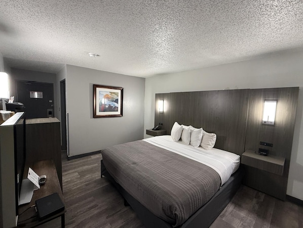 A hotel room with a bed, bedside tables, a desk, and a framed picture on the wall. - Hotel Fort Wayne North- Coliseum Blvd (Fort Wayne)