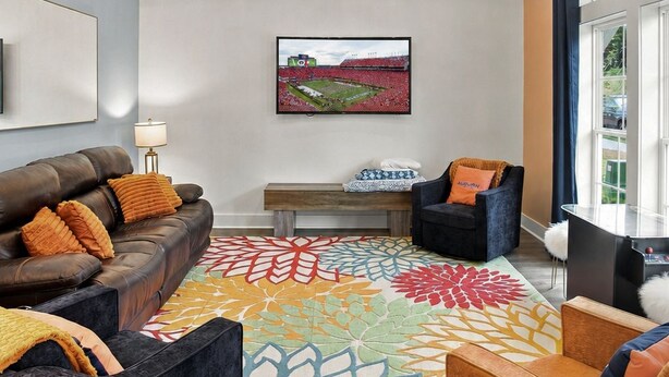 Ein modernes Wohnzimmer mit einer Ledersofa, einem gemusterten Teppich, einer Kristallleuchtre und einem gerahmten Bild an der Wand.