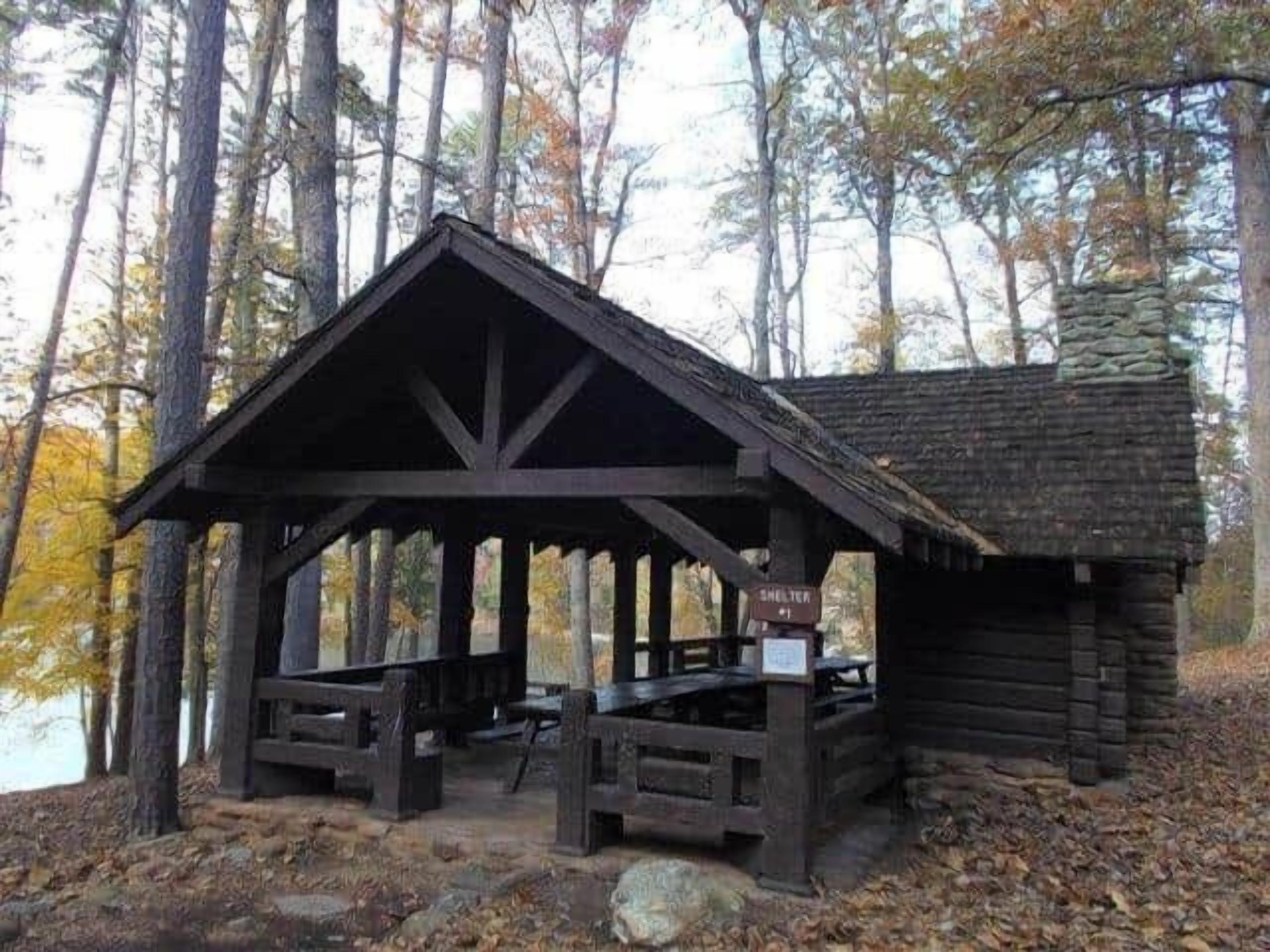 Una cabaña de madera con una mesa de picnic cubierta y bancos, rodeada de árboles.