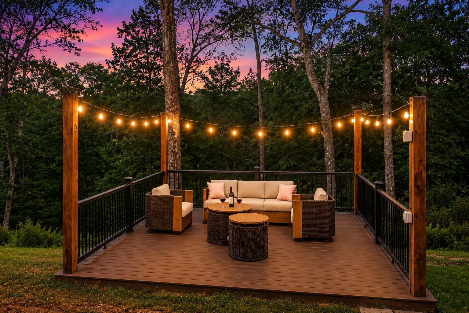 An outdoor deck with a sofa, two round tables, and string lights.