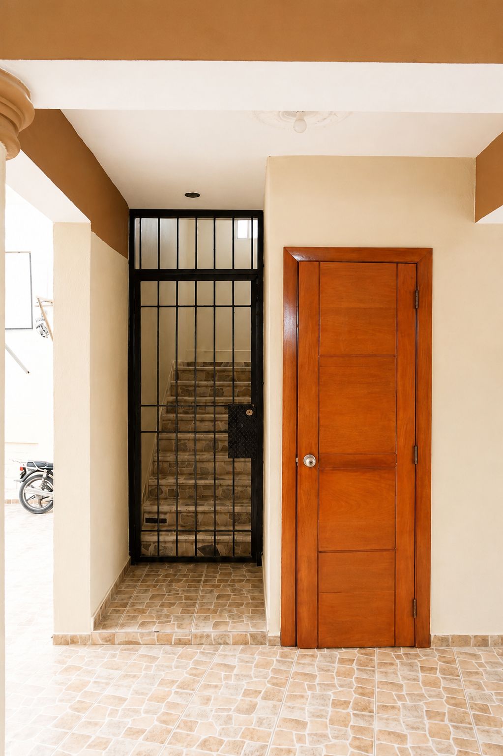 A hallway with a wooden door and a gate leading to a staircase.