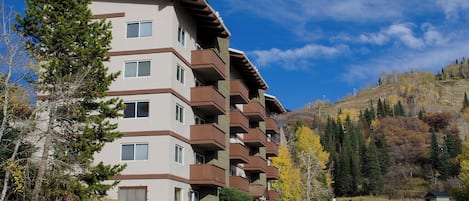Un edificio residencial de varios pisos con balcones, rodeado de árboles y un paisaje montañoso.