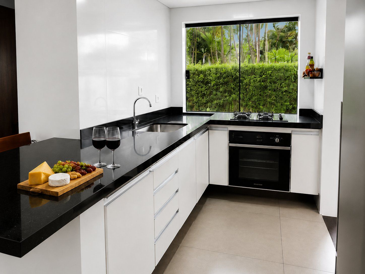 Una cocina moderna con encimera negra, armarios blancos, horno integrado y ventana con vistas a zonas verdes.