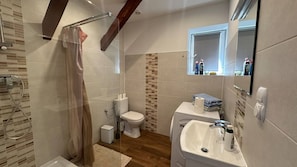 A bathroom with a shower, toilet, sink, and a mirror.