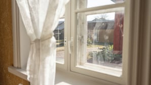 A window with white curtains, a view of a building, and a garden area.
