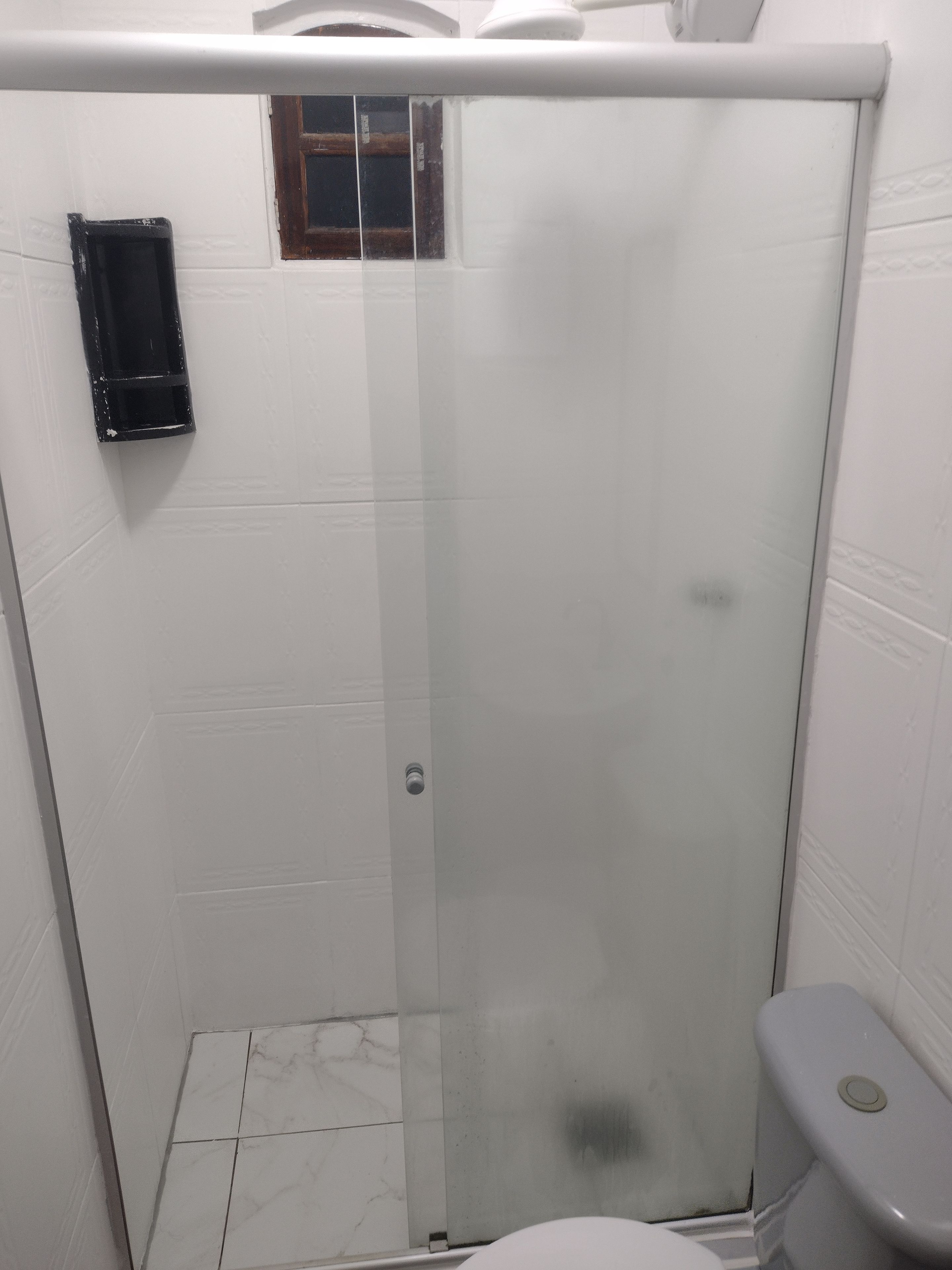 A bathroom with a glass shower enclosure, a toilet, and a small window.