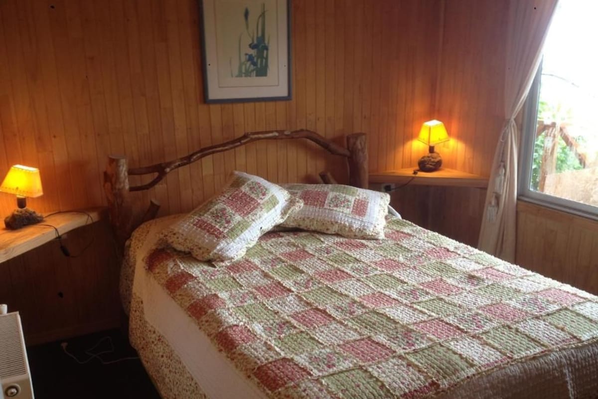 Une pièce en bois avec un lit, deux lampes de chevet et une fenêtre.