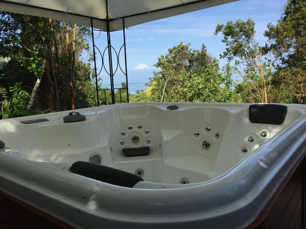 A hot tub with a view of trees and the ocean.