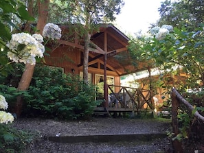 Une cabane en bois dotée d’un porche couvert, entourée d’une végétation luxuriante et de fleurs blanches.