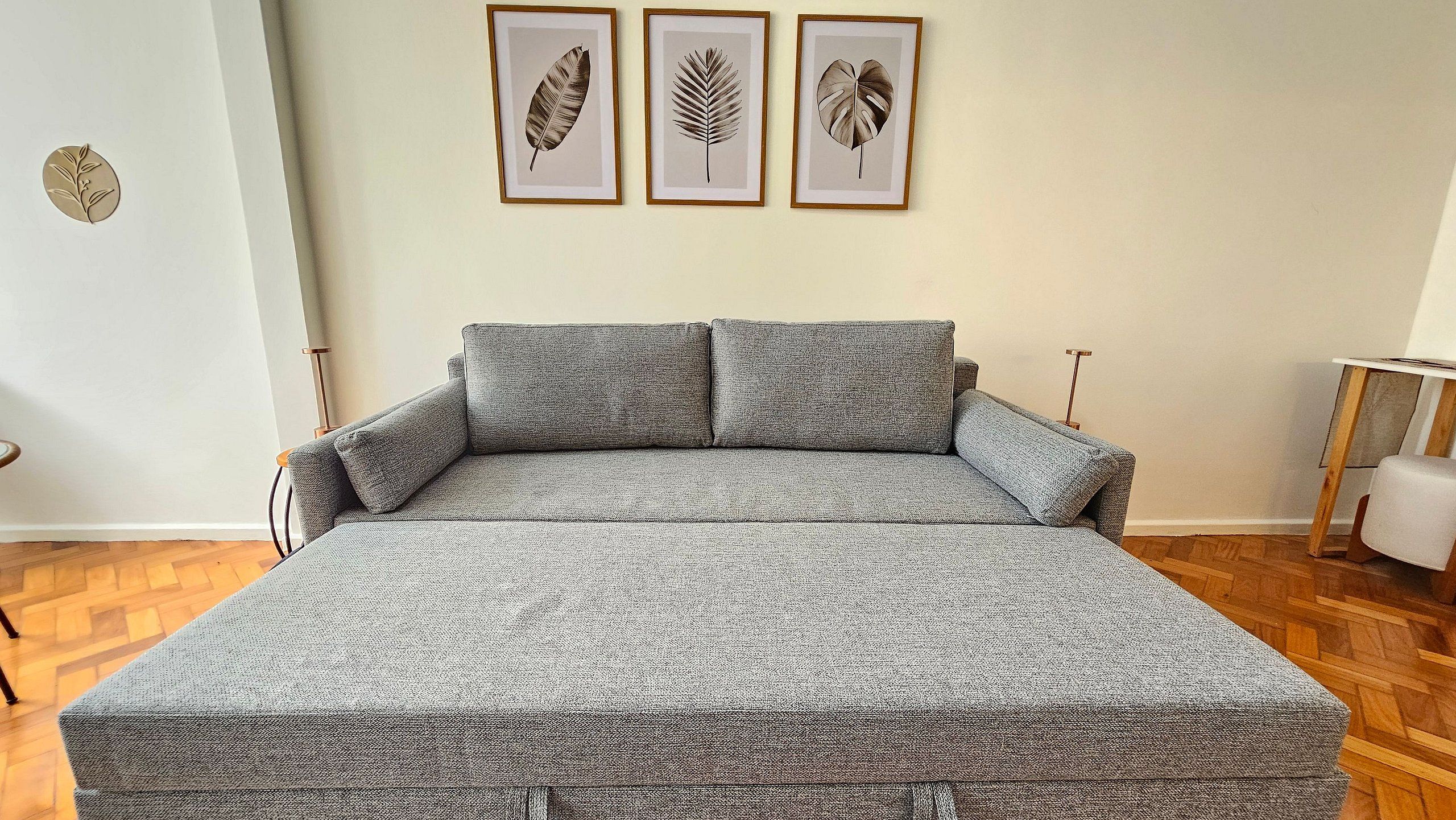 A room with a grey sofa bed, a small round table, and three framed leaves on the wall.