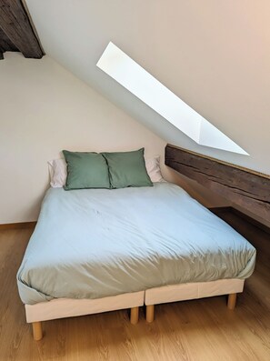 A single bed with a light-colored mattress and two pillows, one green and one white, in a room with wooden flooring and a sloped ceiling. - 100m² Duplex with mountain views, in the heart of Beaufort (Beaufort)