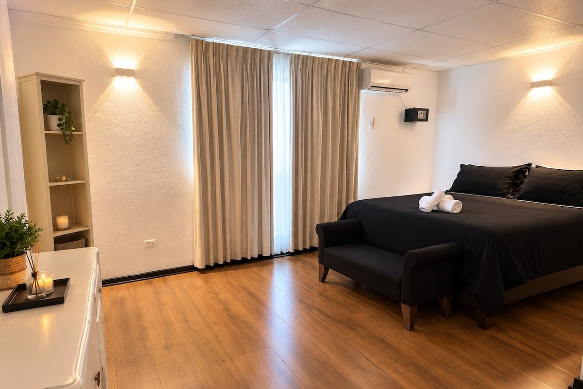 A hotel room with a bed, a sofa, a small table with a plant, and a wall-mounted air conditioner.