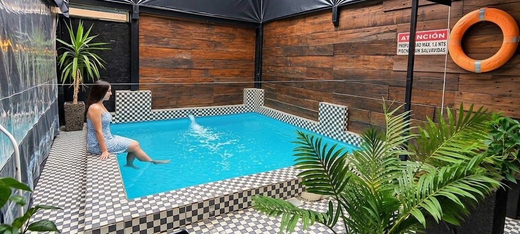 Una piscina con borde a cuadros, rodeada de plantas y un muro de madera.