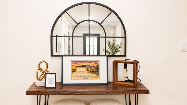 A wooden desk with a framed welcome sign, a framed picture, a decorative knot, and a hanging light fixture.
