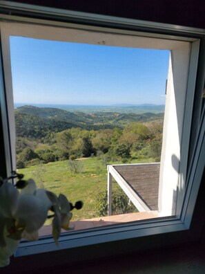 Ein Fenster mit Blick auf eine grüne Landschaft und ferne Hügel.
