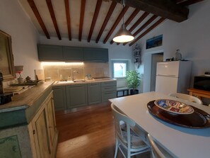 A kitchen with wooden beams, a sink, cabinets, a refrigerator, and a dining area with a table and chairs. - FARMHOUSE WITH OCEAN VIEW (Toscana)